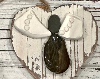 Heart Ornament with a little ANGEL created from pre-loved dishes and pebbles