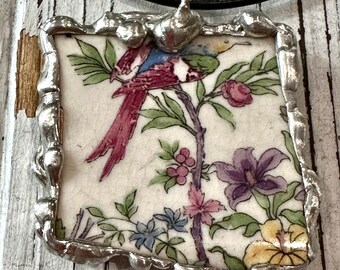 Beautiful BIRD Antique Broken China Pendant with Necklace Cord