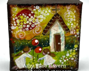 Original small painting of a Tiny Church & Two Little Girls 4x4