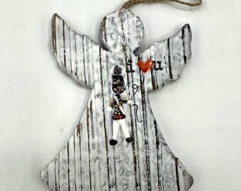 ANGEL Wood Ornament with a little CADET Ornament - Gift Tag - Wine Bottle Tag - Red Heart