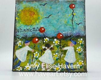 Folk Art original Mixed Media Painting 6x6 THANKFUL