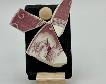 One Itty Bitty ANGEL created from a slice of a vintage USNA saucer  ... Angel ART ...  approx 2" x 3"