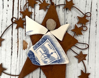 ANGEL Ornament created with slices of USMA china  on a Rusty Star