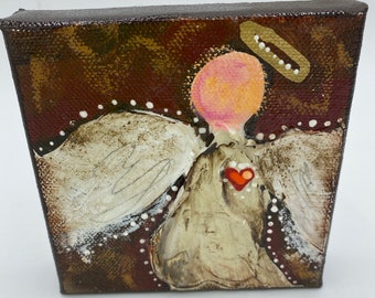 TEXTURED Small Angel Original Painting - Red Heart - 4" x 4"