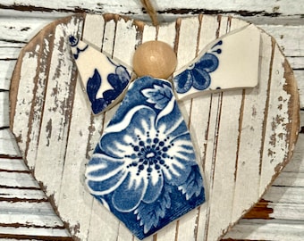 Beautiful Wood HEART Ornament - Gift Tag - Wine Bottle Tag with a little ANGEL created from pre-loved dishes