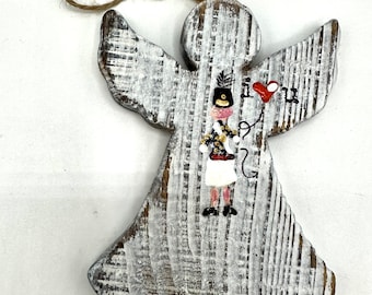 ANGEL Wood Ornament with a little CADET Ornament - Gift Tag - Wine Bottle Tag - Red Heart