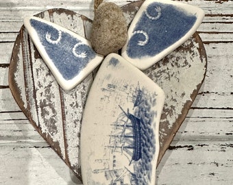 HEART ANGEL Ornament created with slices of a US Naval Academy Saucer - Blue & White