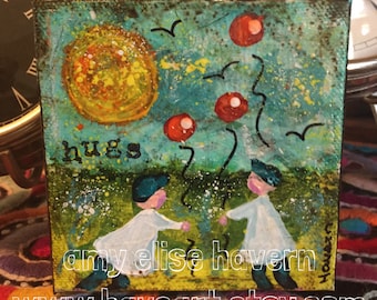 HUGS Two Little boys and balloons original mixed media painting 4x4