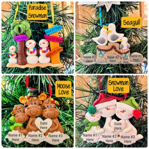 May include: Four Christmas ornaments with different themes. One features snowmen with a palm tree, another has seagulls, a third shows moose, and the last one depicts snowmen. Each ornament has space for names and dates.