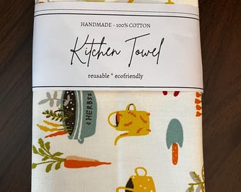 Handmade Gardening Print Kitchen Towel, Quirky Herbs and Carrots Design Santa Christmas gift