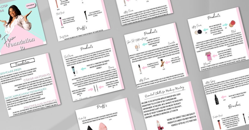 May include: A pink and blue graphic with the text "Step from Foundation to" and a woman's face. The graphic is divided into sections with headings like "Skincare Prep", "Color Matching", "Basic Application Techniques", "Practice and Patience", "Products", and "Puff's".