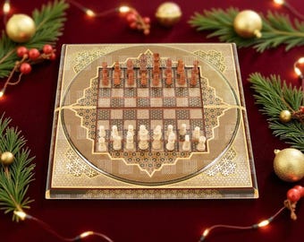 Handmade Damascus Mosaic Chess and Backgammon Set: Mother of Pearl Inlay