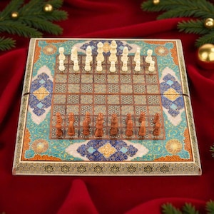 Juego de ajedrez y backgammon artesanal de mosaico de Damasco: Nogal, nácar, 50 cm