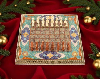 Handmade Damascus Mosaic Chess and Backgammon Set: Walnut, Mother-of-Pearl 50 cm
