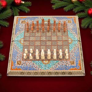 Handgefertigtes Damast-Mosaik Schach und Backgammon Set: Luxus Holzbrett