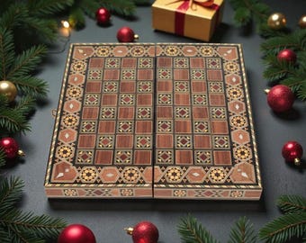 Juego de ajedrez y backgammon con incrustaciones de nácar (30 cm, 12 pulgadas) – Tablero plegable de madera con mosaico de Damasco hecho a mano