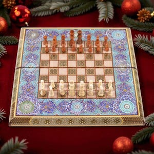 Jeu d'échecs et de backgammon fait main en noyer : incrustation de nacre, jeu de société de luxe