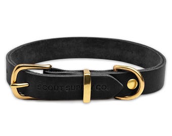 Premium schwarzes Leder Hundehalsband mit massiven Messing-Hardwares | Hundehalsband personalisiert | Handgefertigt Leder Haustier Accessoire | Verstellbar und langlebig