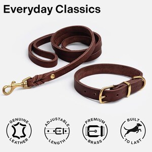 May include: A brown leather dog collar and lead set with brass hardware. The collar is adjustable and the lead is braided. The set features the words "Genuine Leather", "Adjustable Length", "Premium Brass", and "Built to Last" on the labels.