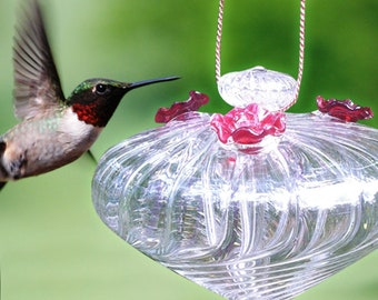 May include: A clear glass hummingbird feeder with a swirling pattern and red flower accents. A hummingbird is flying towards the feeder.