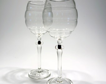 Bumble Bee Wine Goblets (Pair) | Cottagecore Kitchen Decor | Blown Glass | Unique Handmade Bee Art