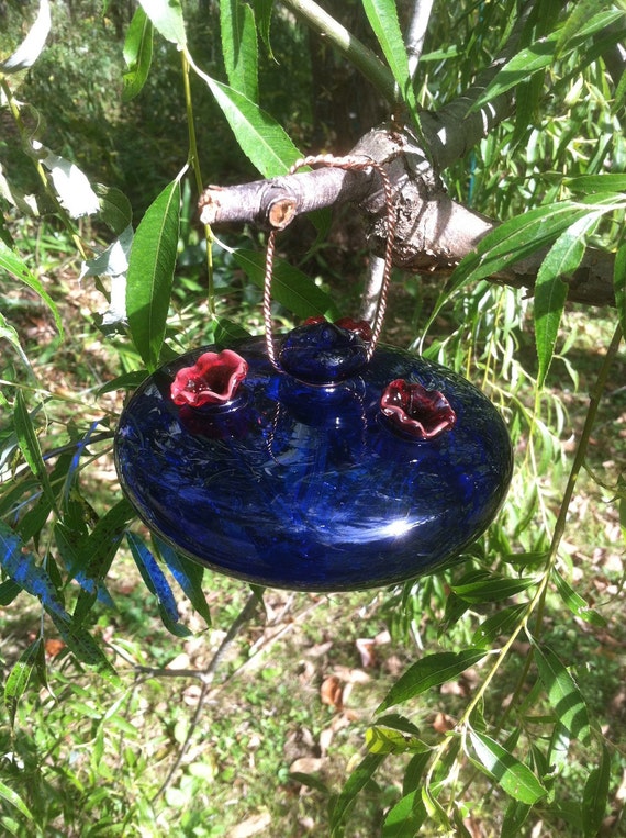 Recycled Glass Hummingbird Feeder Cobalt Blue Upcycled Etsy