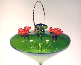 Hand‑Blown Green Glass Hummingbird Feeder | Borosilicate Glass & Copper | Spring | Mother's Day gift