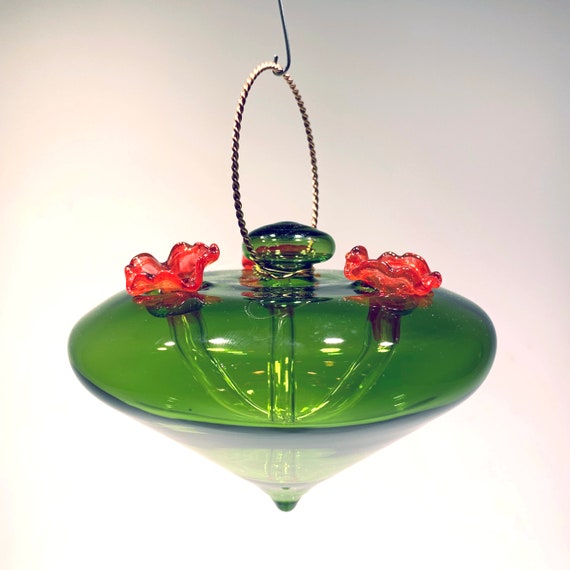 Hand‑Blown Green Glass Hummingbird Feeder | Borosilicate Glass & Copper | Spring | Mother's Day gift