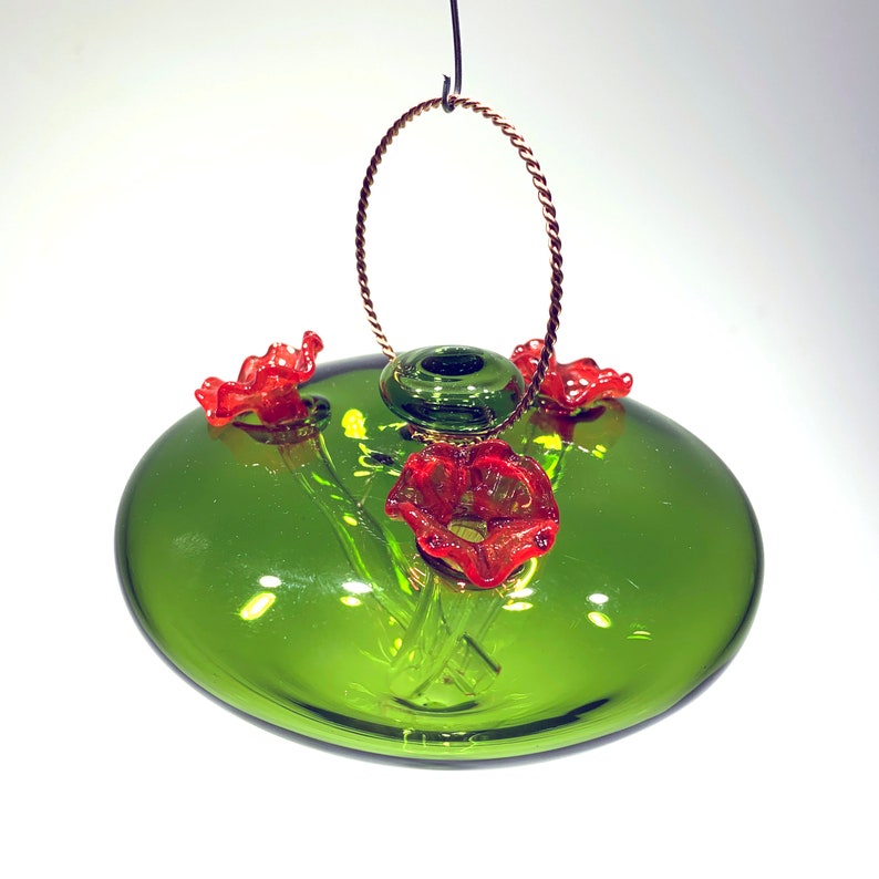 Green Glass Hummingbird Feeder // Upcycled // Nature Gifts // Bird Feeder image 2