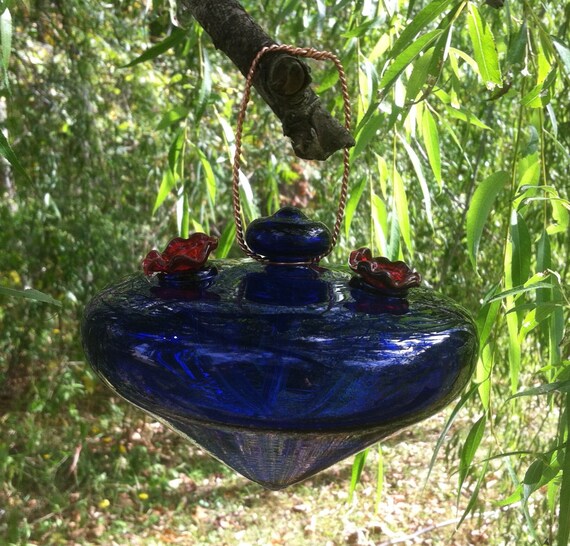 Recycled Glass Hummingbird Feeder Cobalt Blue Upcycled Etsy