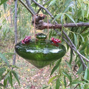 Green Glass Hummingbird Feeder // Upcycled // Nature Gifts // Bird Feeder image 4