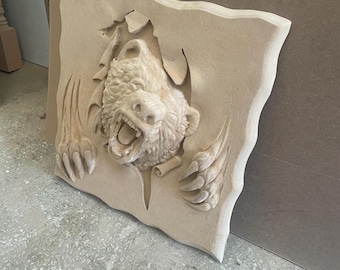 Hand-Carved Bear Head Breaking Through MDF Pieces - 3D Wall Art Sculpture, Unique Home Decor, Rustic Wildlife Art, Handmade Craftsmanship