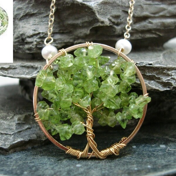 Handwired tree pendant Necklace- Peridot \/ GOLD VERSION