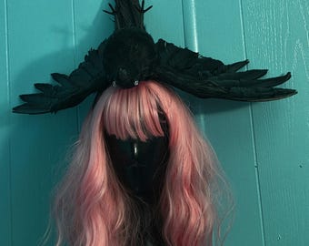 Crow, dead crow, dead bird hat, oddities,  faux taxidermy