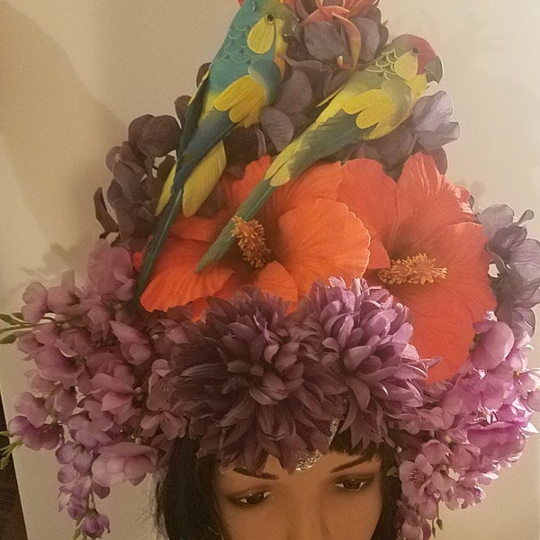 Parrot, Parrot headdress,Tropical flower headdress, Hibiscus, Bird, Bird headdress, Flower crown, Floral crown, EDM, Tiki oasis. TIki