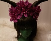 Goat horns, Flower horns, Horror, Horror movie, Horn, horn headdress, Goth, Gothic, purple crown, flower crown, Floral crown