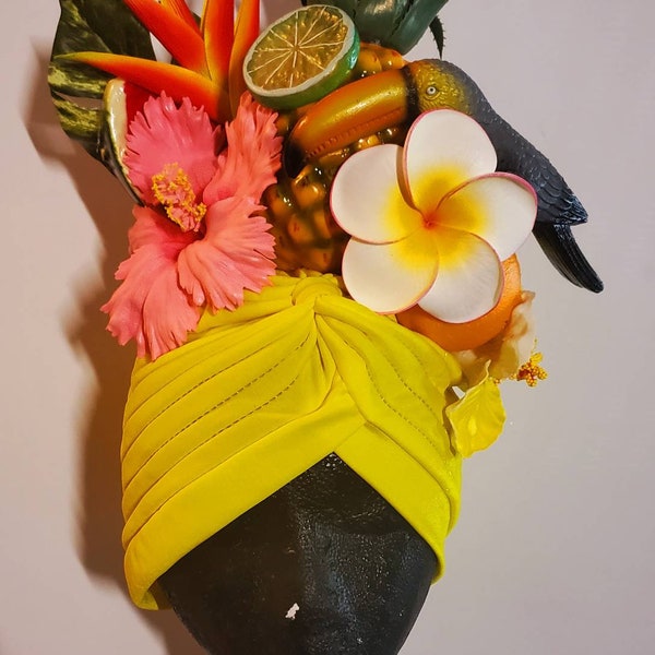 Carmen Miranda, turban de fruits, faux fruits, fruits, turban, mariage tiki, turban de faux fruits