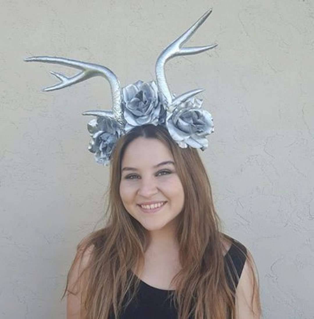 Deer Horns, Silver, Silver Horns, Rose Crown, Flower Crown, Christmas