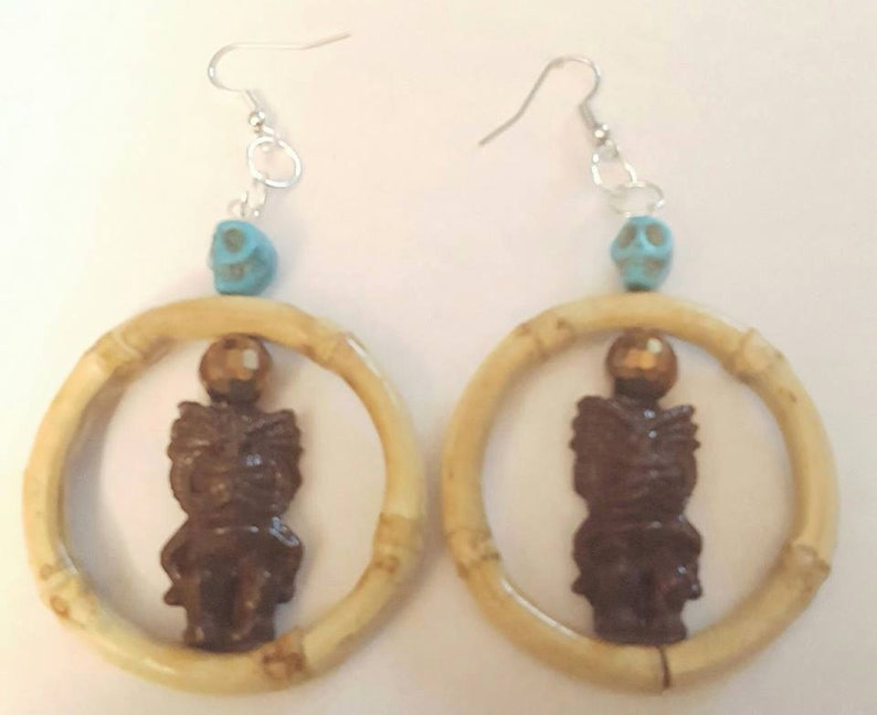 Tiki earrings, Tiki jewelry, Tiki, Skull earrings, Bamboo, Bamboo earrings, Ready to ship, MsFormaldehyde image 1