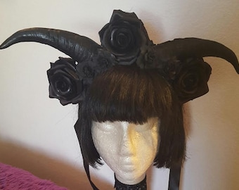 Goat horns, Black horns, Halloween, Horn, Horn headdress, Rose Crown, Flower crown, Horns, Black rose