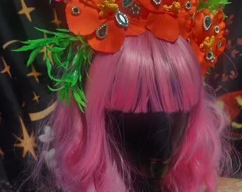 Rhinestone crown, flamingo crown, orange hibiscus, hibiscus crown