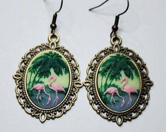 Flamingo, Flamingo earrings, tiki, tiki oasis, tropical earrings, bird earrings, ready to ship