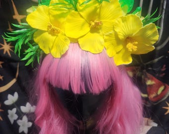 Flamimgo headband, hibiscus crown, ready to ship, yellow flower crown,  tiki oasis
