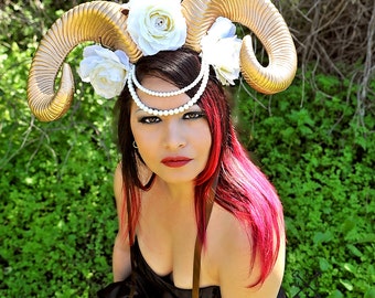 Ram Horn Headpiece-Ram Horns-Ram Horn Headband-Horn Headpiece-Whte Flower Headband- White Flower Horn Headband- Red Flower Crown-Burning man