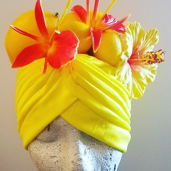 Turban citron, turban, imitation fruit, turban fruit, fruit, turban imitation fruit, costume Carmen miranda, oasis Tiki