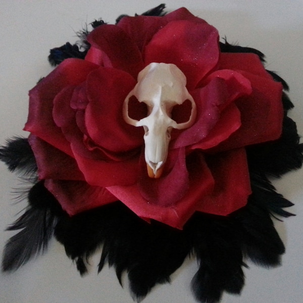 Skull, Muskrat, skull hat, feather, feather hat,red rose, rose hat,skull feather,black feather hat, goth wedding