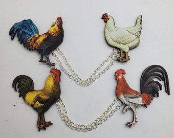 Chicken, Chicken brooch, Chicken sweater clips, Chicken necklace, Chicken earrings, Chicken jewelry