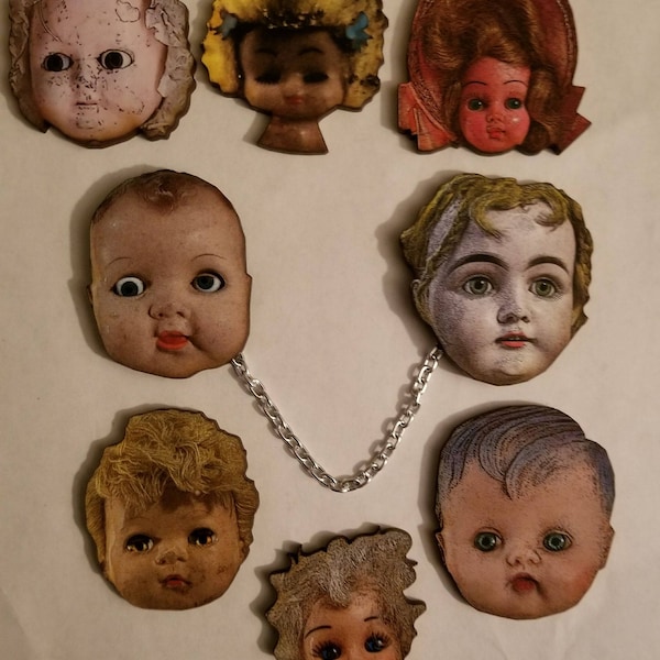 Doll head, Doll brooches, Doll head clips, Doll head jewelry, Creepy, Creepy brooch, Horror, Horror jewelry