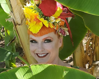 Parrot, Parrot headband, Disneyland, Tiki oasis, Tiki luau, Parrothead, Bird, Bird headband, Tropical flower