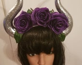 Malificent, Malifecent horns, Silver horns, Purple, Purple flowers, Rose crown, Horn headband, Flower crown, Flower horns, Ren faire, Gothic